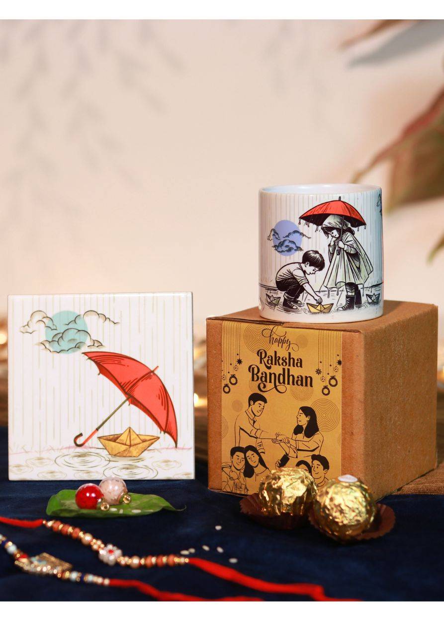 a printed coffee mug and printed ceramic tea coaster is kept on akkaara india Rakhi gift hamper box