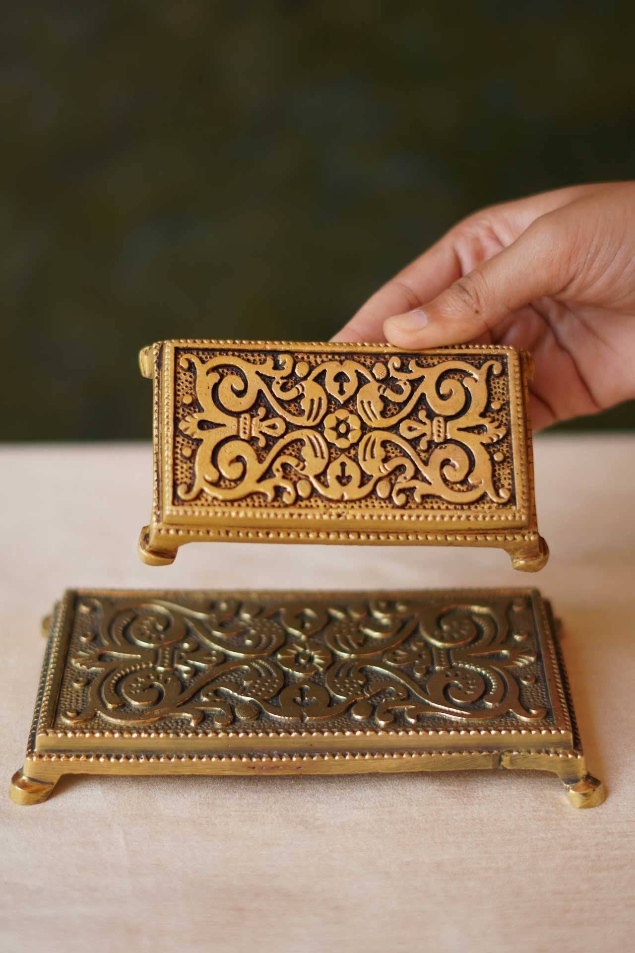 Handcrafted Brass Pooja Chowki – Rectangular Floral Design Pedestal