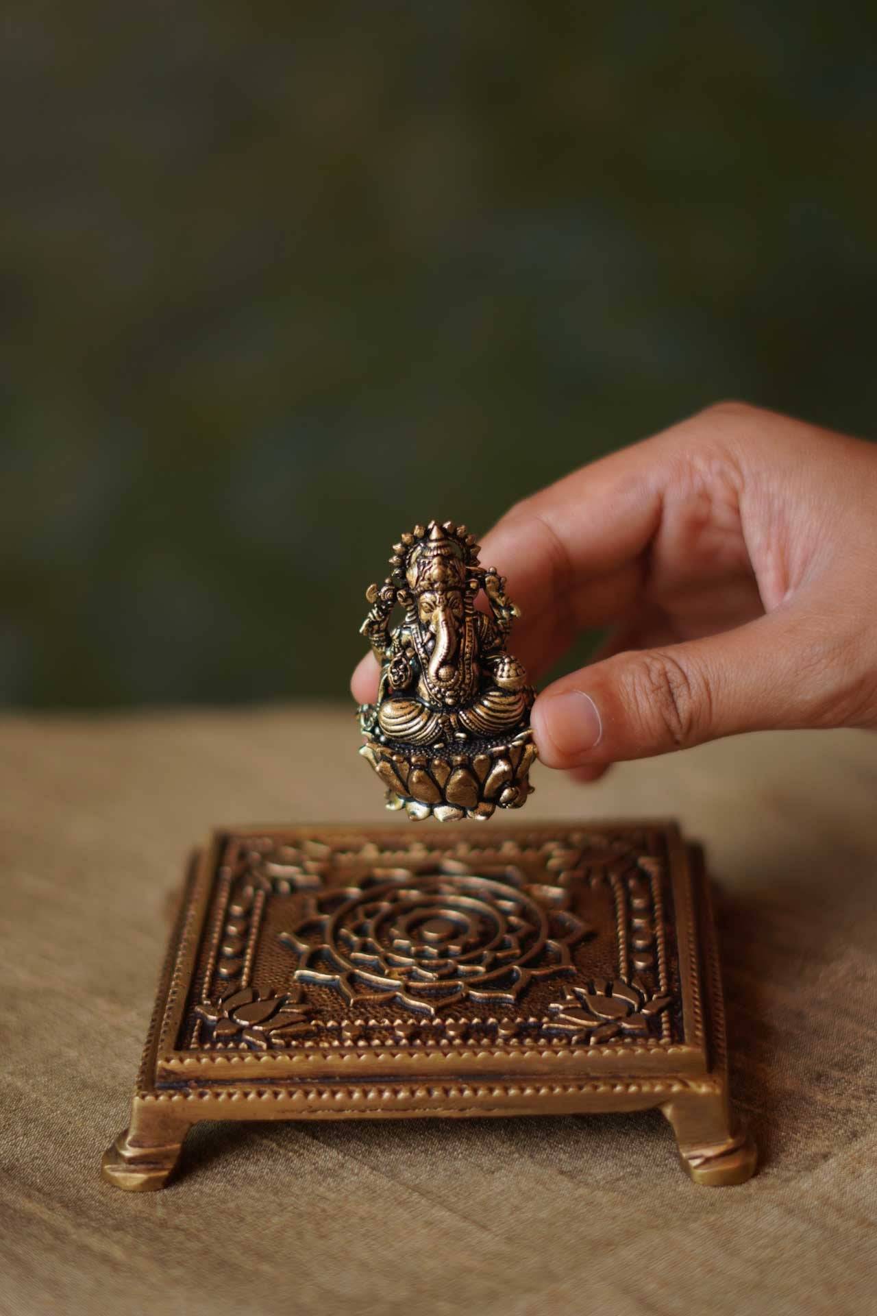 Brass Pooja Chowki with Lotus Design – Mandala Pedestal for Idols