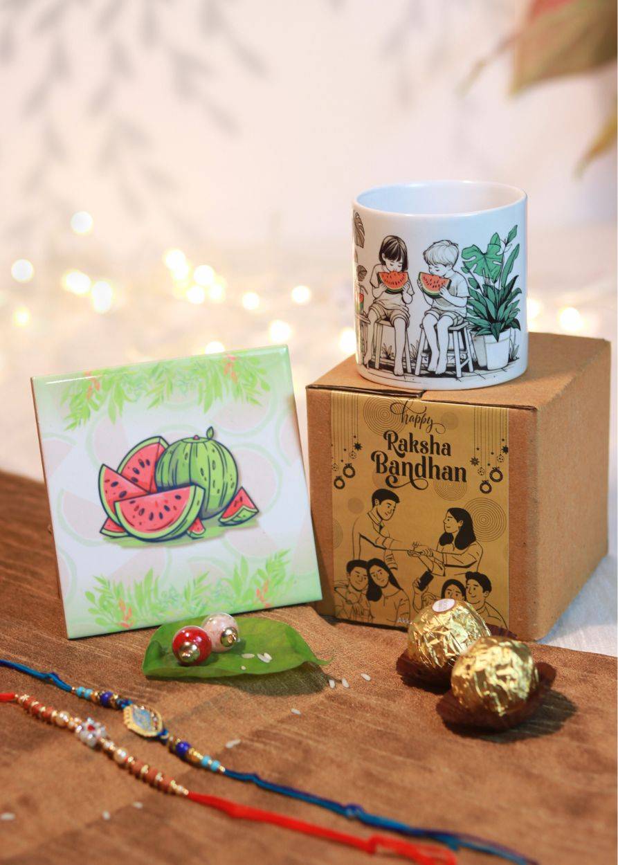 Garmi ki Chutti Cup & Coaster Rakhi Hamper