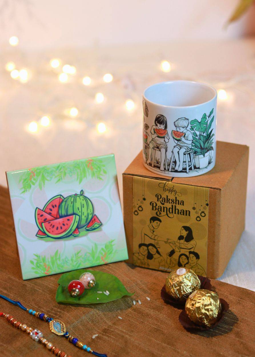 Garmi ki Chutti Cup & Coaster Rakhi Hamper