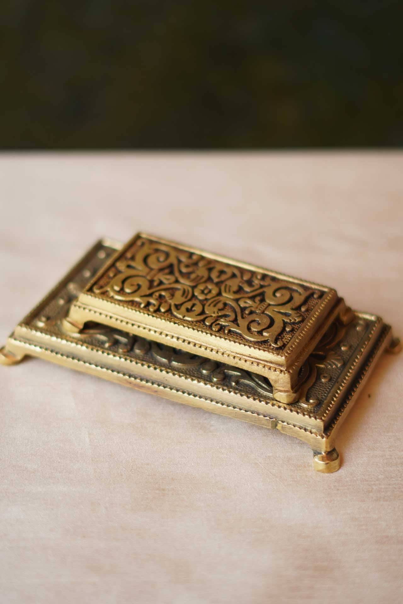 Handcrafted Brass Pooja Chowki – Rectangular Floral Design Pedestal