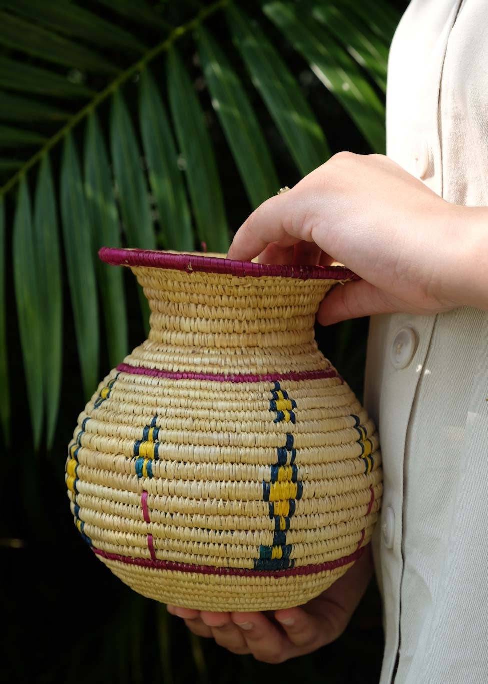 a girl is holding Sikki grass vase a garden