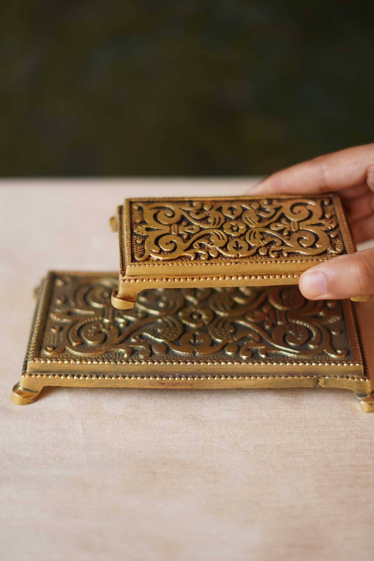 Handcrafted Brass Pooja Chowki – Rectangular Floral Design Pedestal
