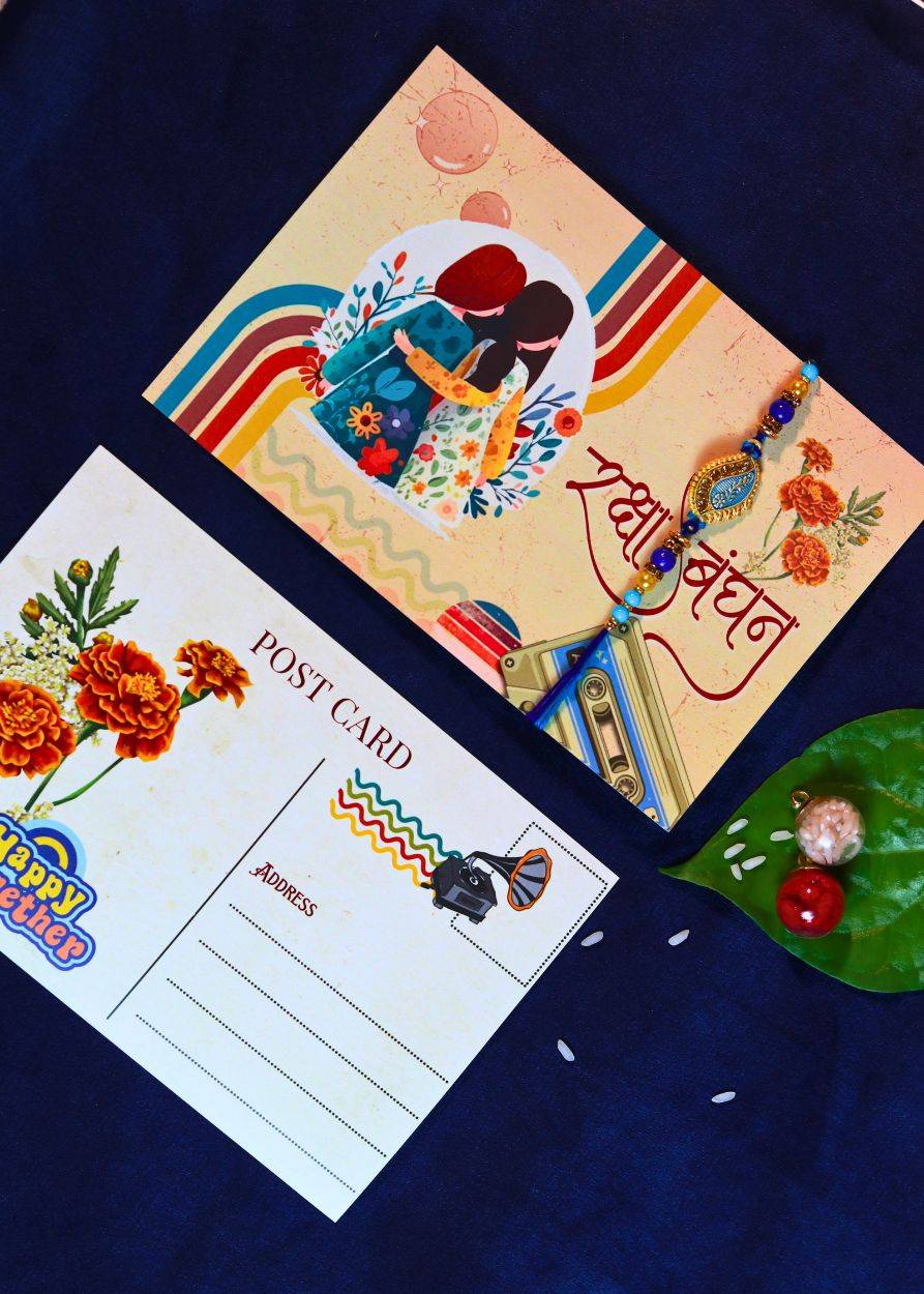 a personalised rakhi postcard kept on table