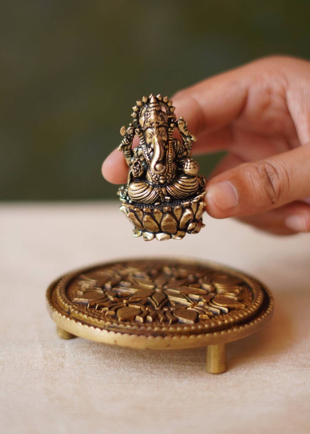 Brass Lotus Pooja Chowki – Circular Pedestal for Home Mandir