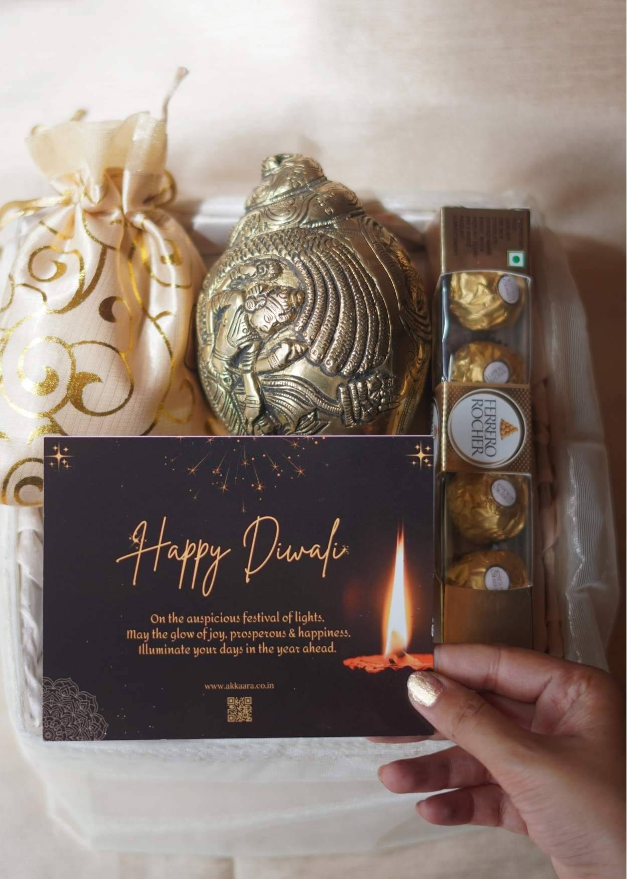 Luxury Brass Yoga Nidra Shankh Hamper – Premium Corporate Diwali Gift with Cashews & Chocolate | Akkaara India