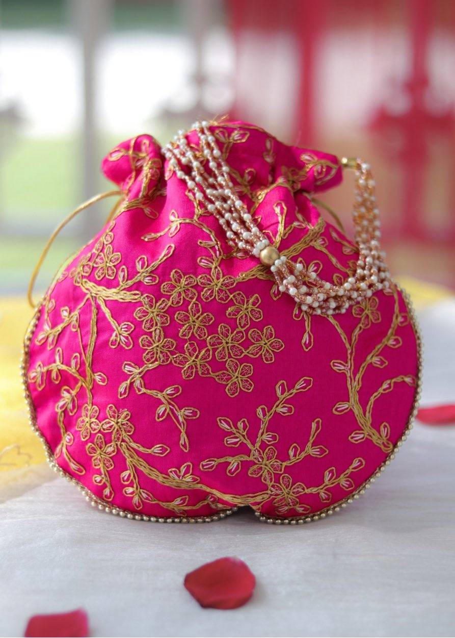 Embroidered Potli Bag - fuchsia pink & Golden