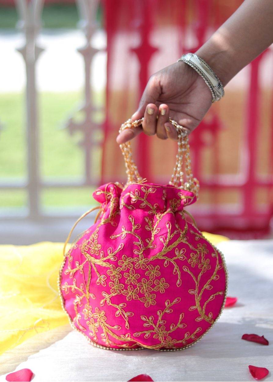 Embroidered Potli Bag - fuchsia pink & Golden