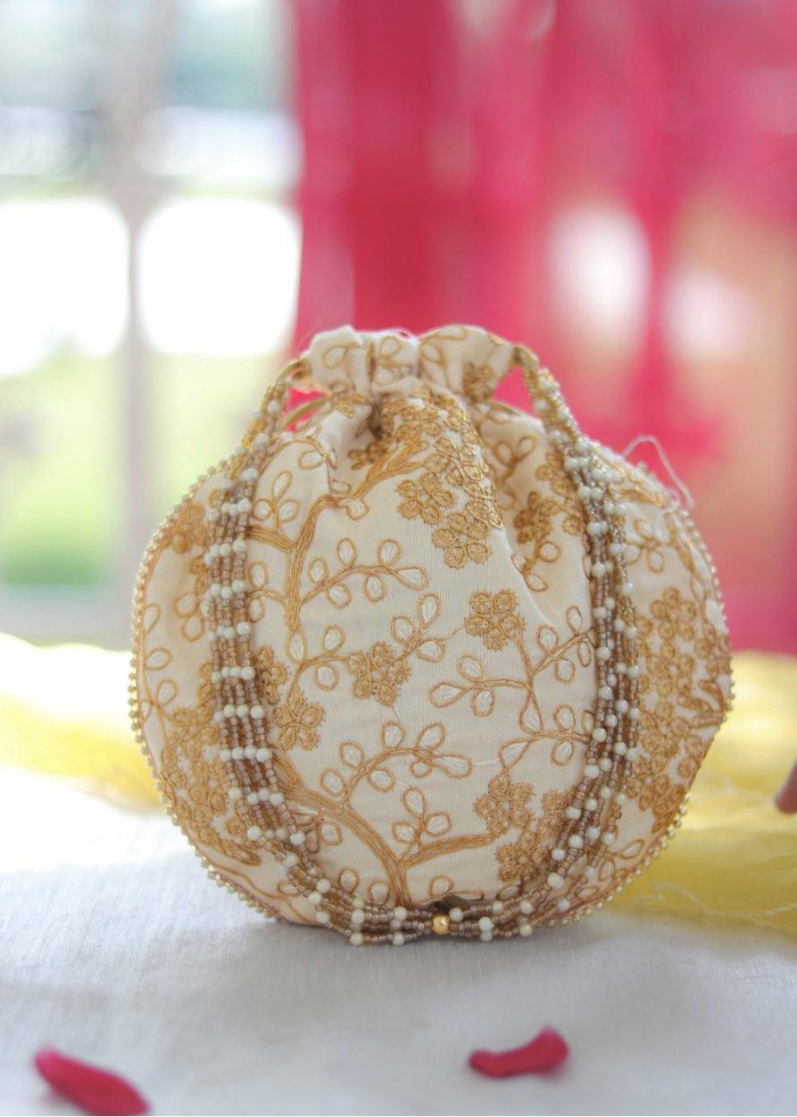 Embroidered Potli Bag - Cream & Golden