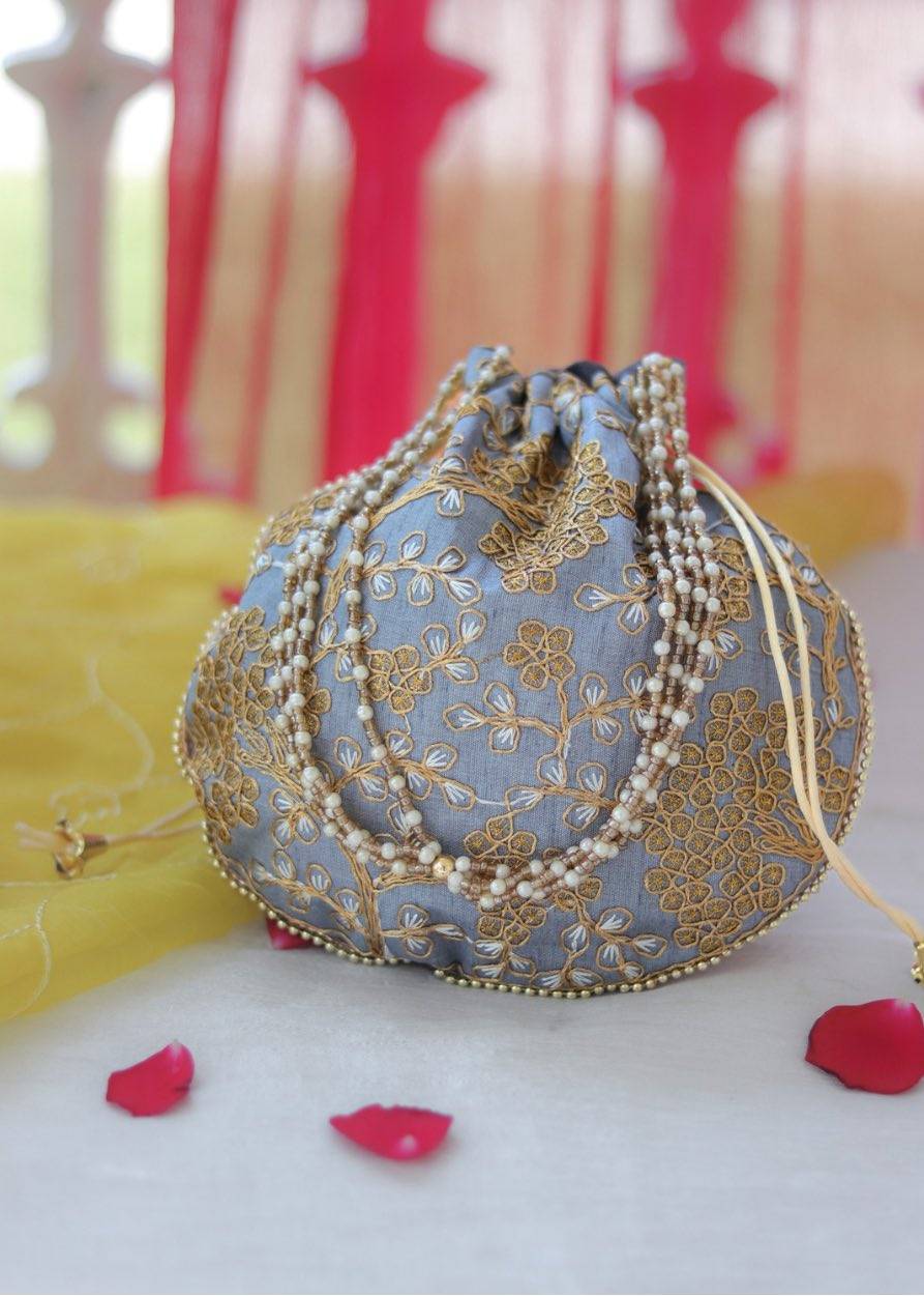 Embroidered Potli Bag - Blue & Golden