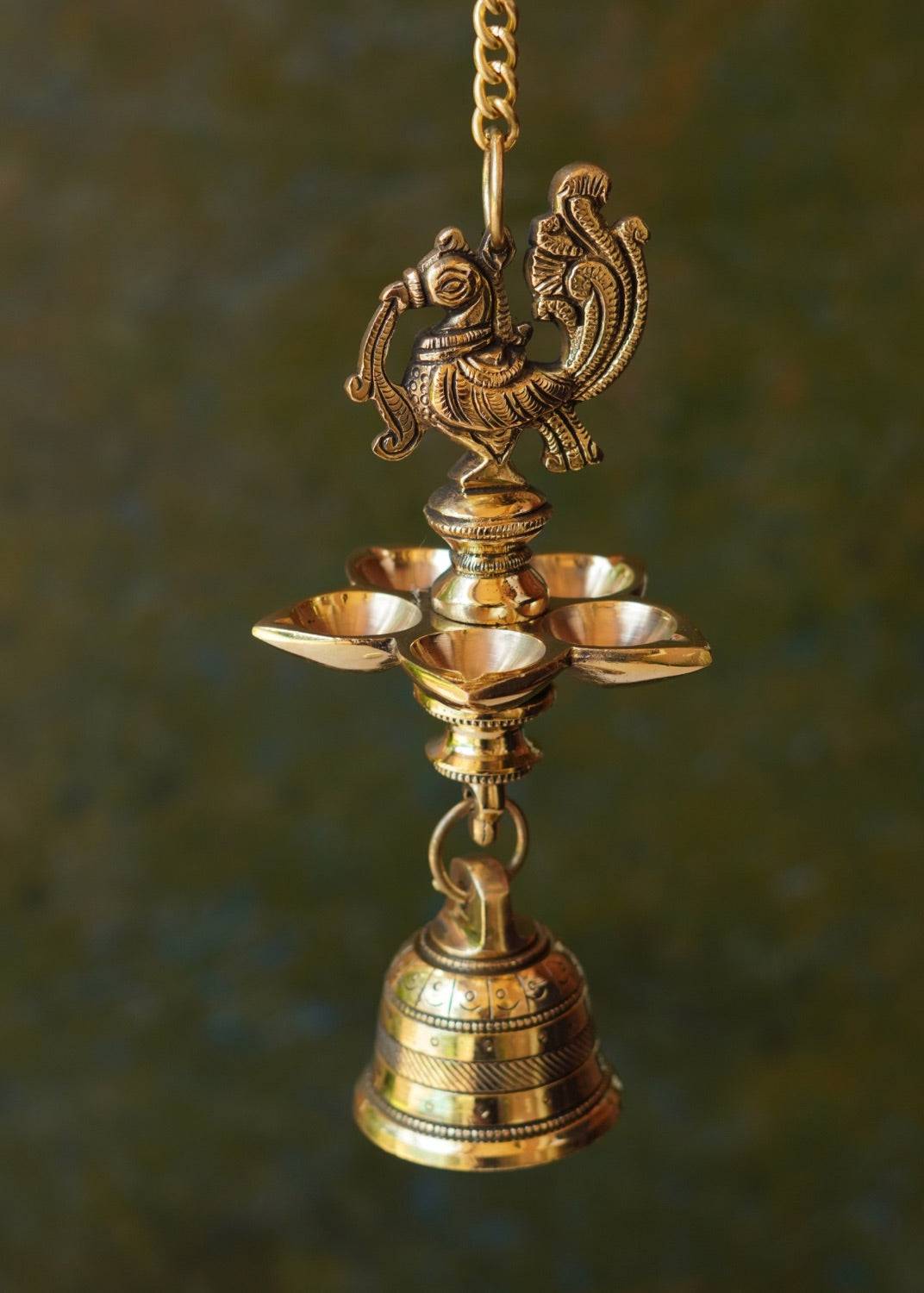 Antique Brass Peacock Hanging Oil Lamp with Bell – Pooja Deepam