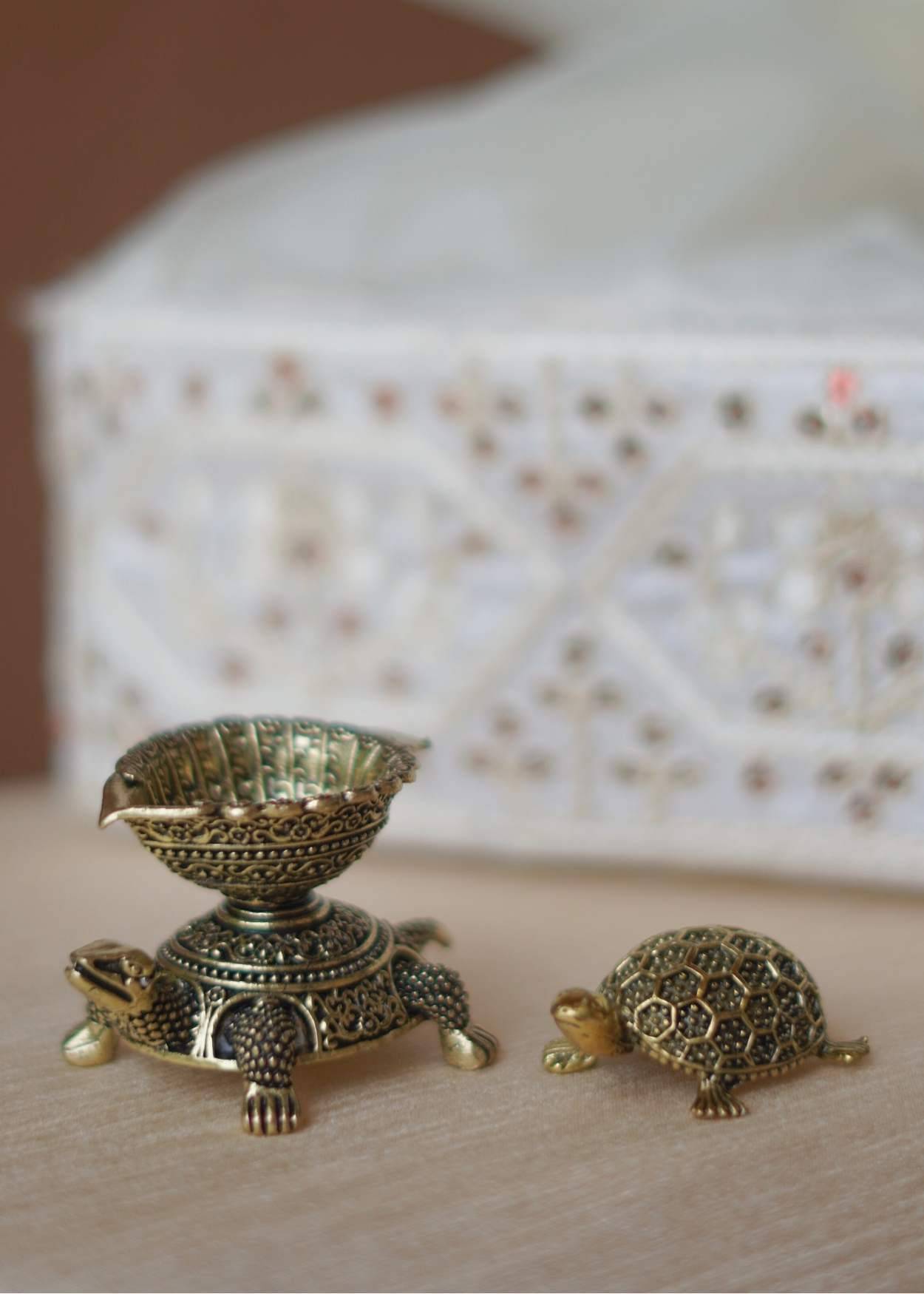 Mini Brass Turtle & Turtle Diya Hamper – Luxury Corporate Diwali Gift with Cashews & Chocolate | Akkaara