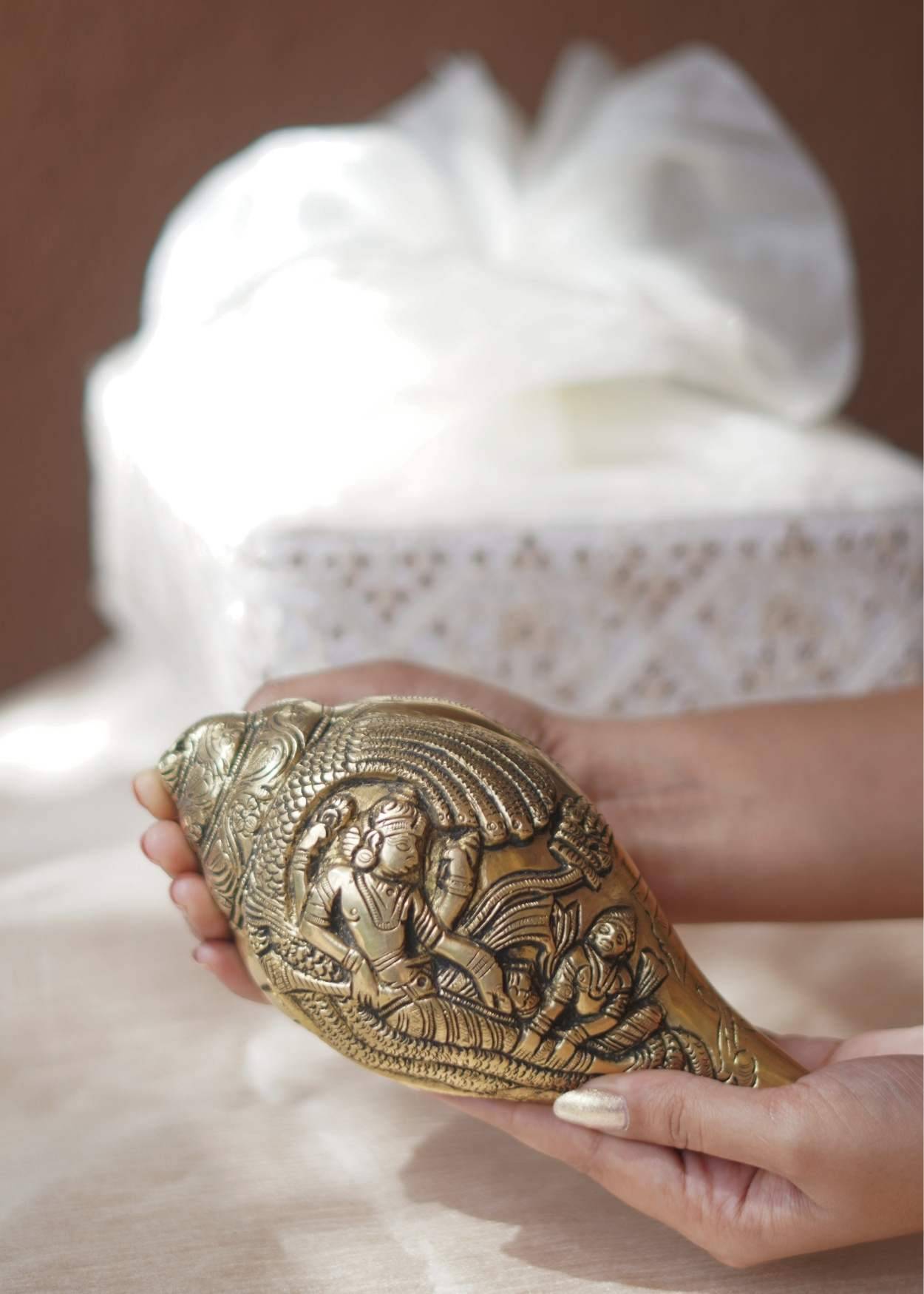 Luxury Brass Yoga Nidra Shankh Hamper – Premium Corporate Diwali Gift with Cashews & Chocolate | Akkaara India