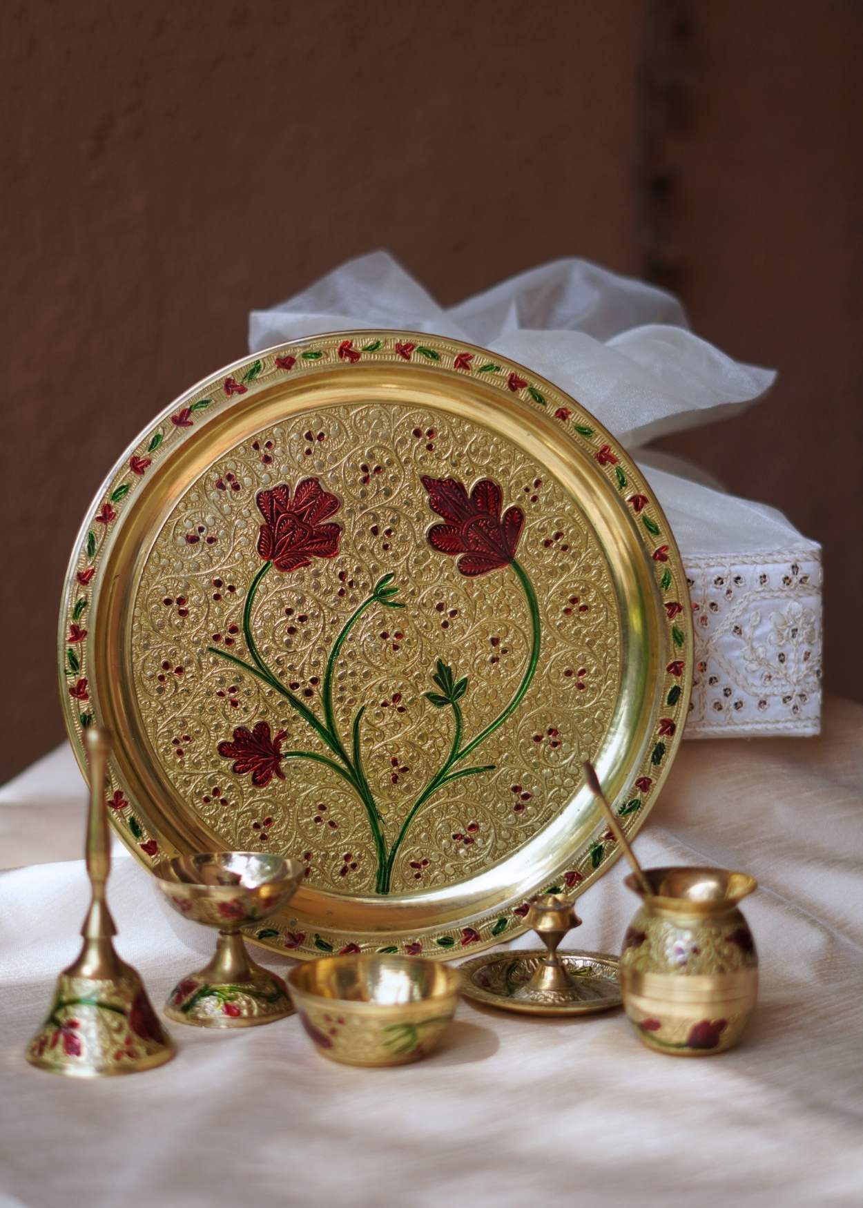 Brass Pooja Thali Set Hamper – Luxury Corporate Diwali Gift with Complete Pooja Essentials | Akkaara